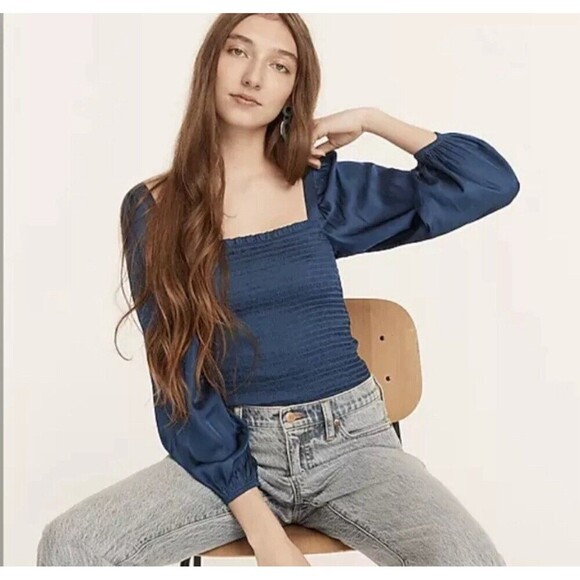 NWT J. Crew Squareneck Smocked Featherweight Satin Top - Black - Size Small - Picture 8 of 8